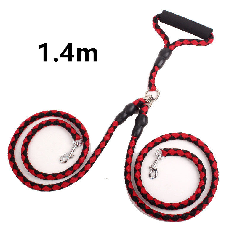 Double-ended dog traction rope by Tangled Trails Outdoor Gear for walking pets, showing durable nylon design with handles at both ends.