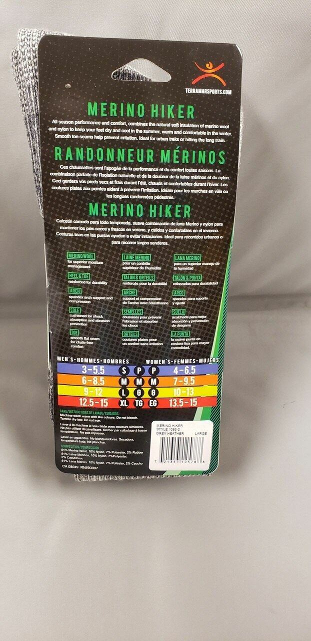 Terramar Merino Wool Blend Hiker Socks – Size L Midweight 2-Pair Pack Hiking