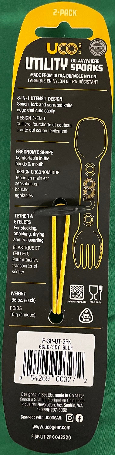 UCO Utility Spork Fork-Spoon-Knife Combo 7'' Utensil 2-Pack Gold / Rich Sky Blue image 10