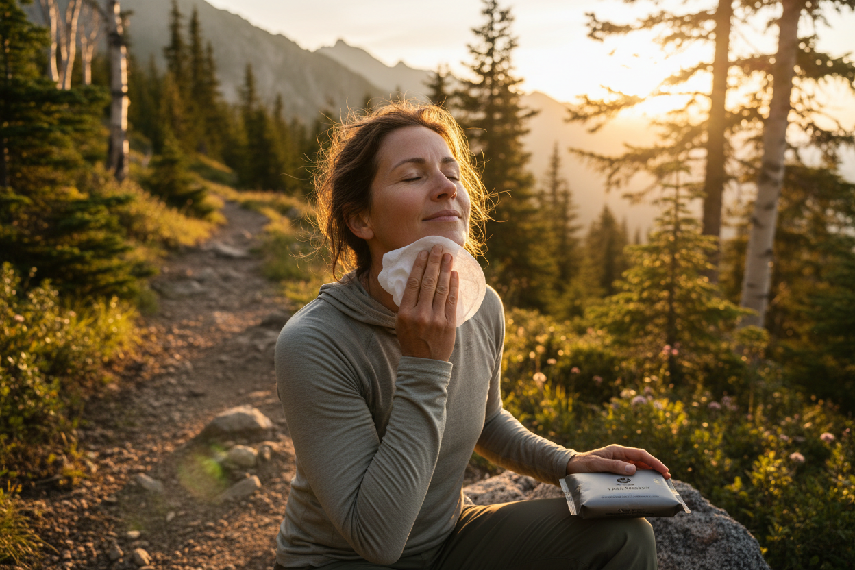 Hiker Freshening Up on Trail
