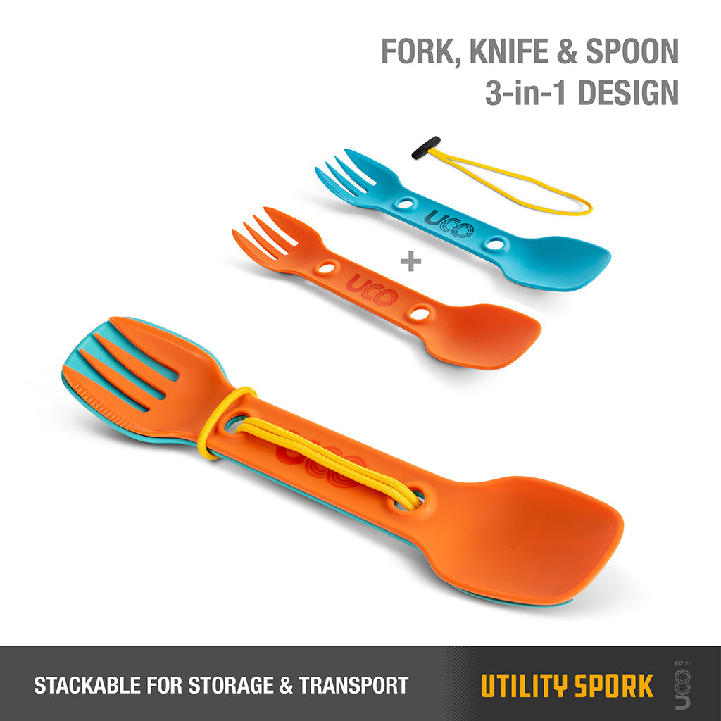 UCO Utility Spork 2-Pack - Teal & Orange - 3-in-1 Camping Utensil image 1