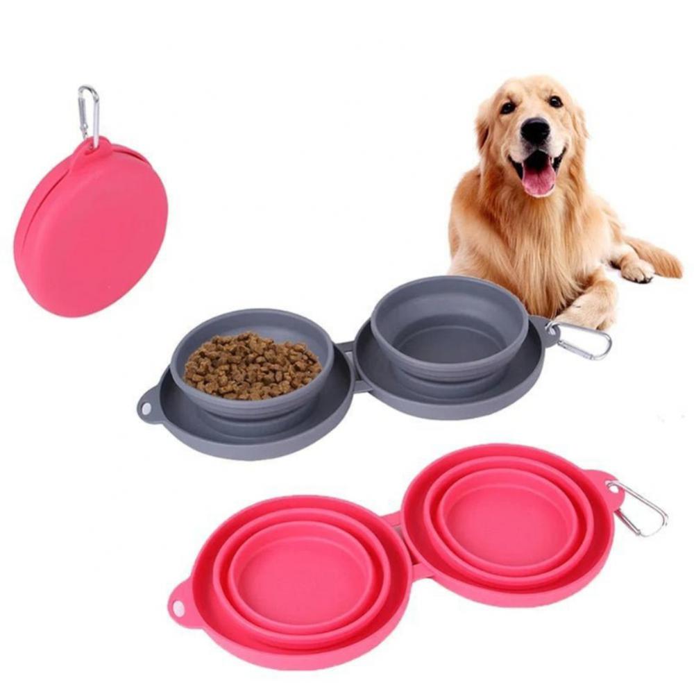 Foldable rubber pet feeding bowls by Tangled Trails Outdoor Gear, double bowl design with blue and green colors for pet feeding.