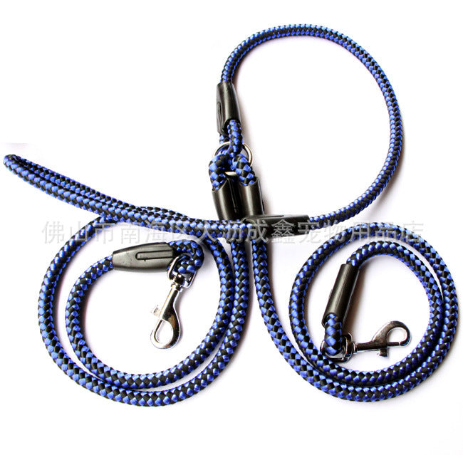 Double-ended dog traction rope for walking pets, made by Tangled Trails Outdoor Gear, shown in a close-up image.