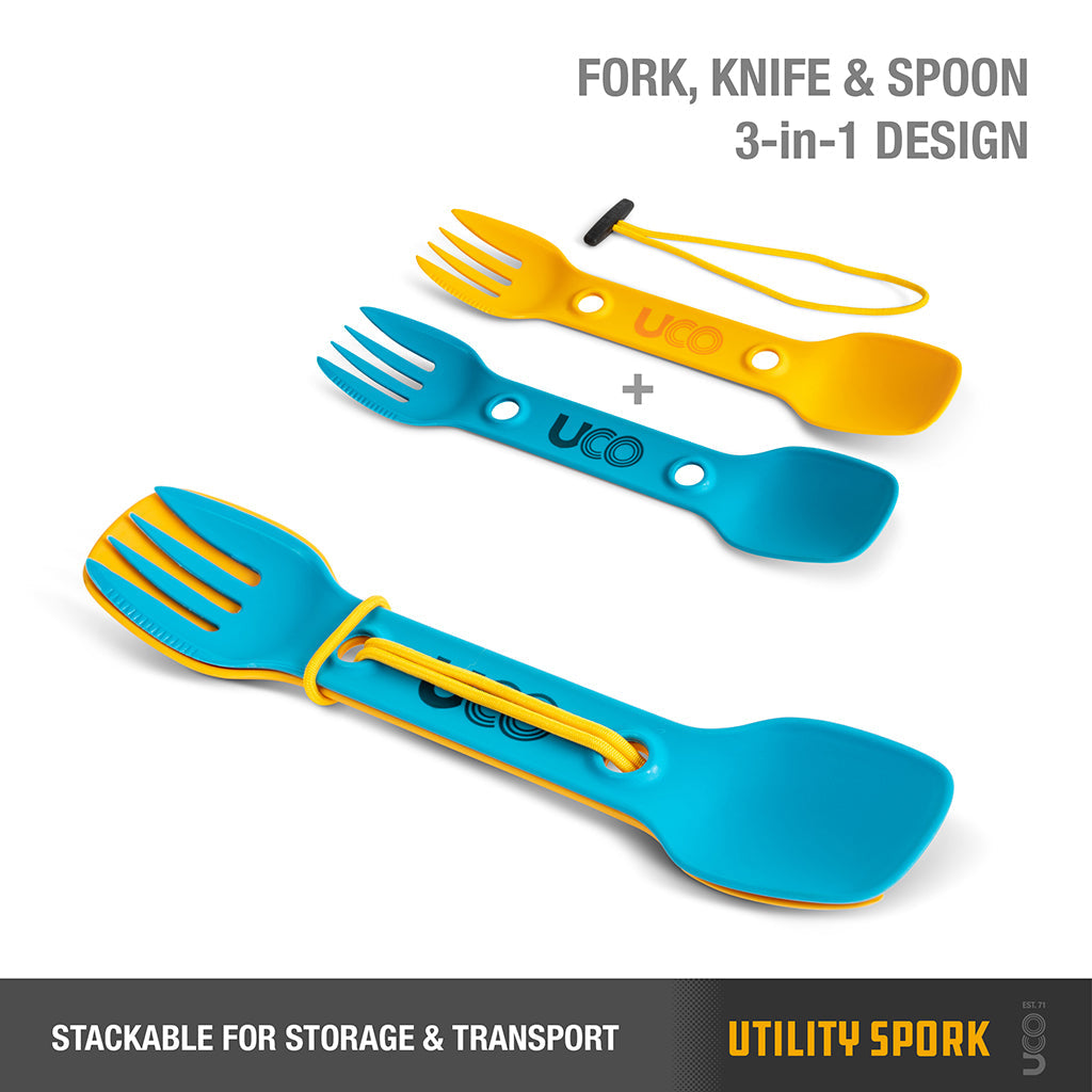 UCO Utility Spork Fork-Spoon-Knife Combo 7'' Utensil 2-Pack Gold / Rich Sky Blue image 1