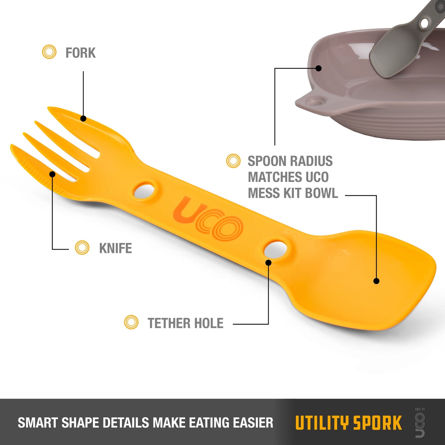 UCO Utility Spork Fork-Spoon-Knife Combo 7'' Utensil 2-Pack Gold / Rich Sky Blue image 4