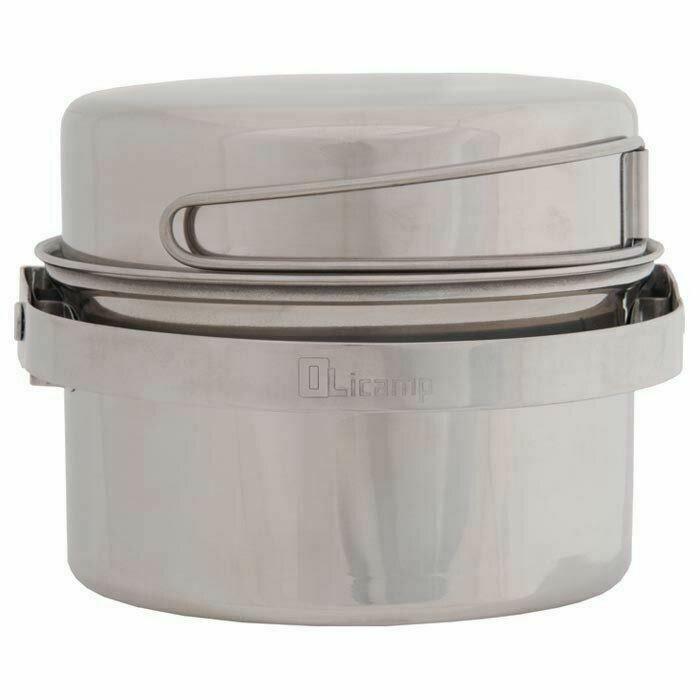 Olicamp AK 1 Qt Stainless Steel Mess Kit Cookset w/Pot--Fry Pan Lid--Stuff Sack