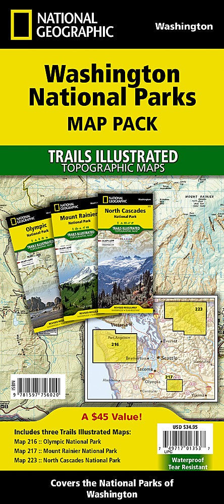 Washington National Parks WA Waterproof Map Bundle 3 Pack Hiking Camping
