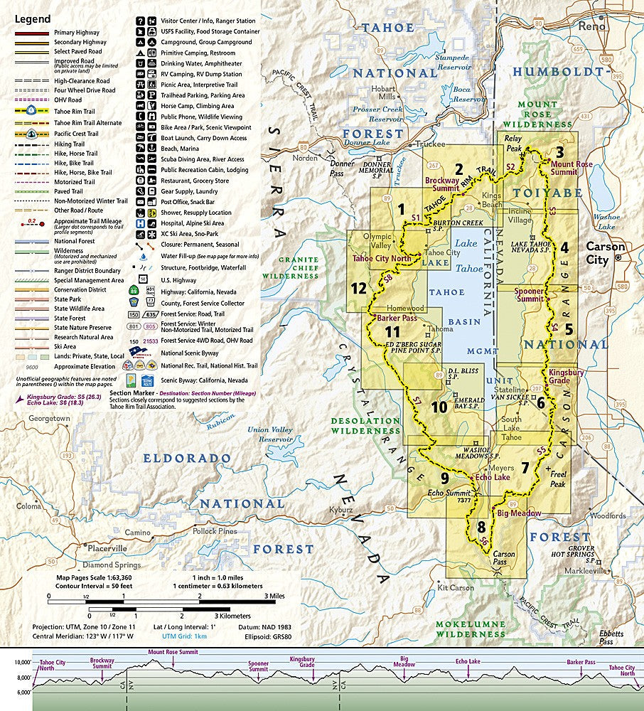 Tahoe Rim Trail CA NV Waterproof Topographic Map Hiking Backpacking Guide 1013