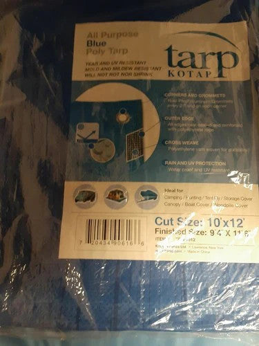 Kotap 10' x 12' UV Resistant Waterproof Blue Poly Tarp w/Grommets &amp; Rope Hem