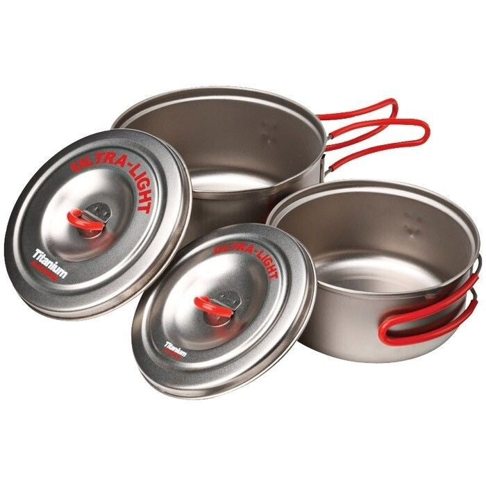 Evernew Titanium Ti UL Pot Set 600ml & 900ml w/Lids & Insulated Handles ECA535