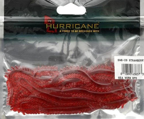 Hurricane 8" Sea Worm Fishing Lure 8-Pack Strawberry Red-Great for Game Fish
