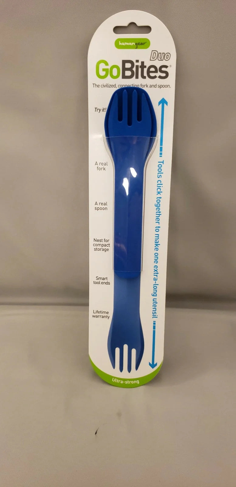 Humangear GoBites Duo Spoon/Fork Combo Utensil Blue - Sturdy BPA-Free Nylon