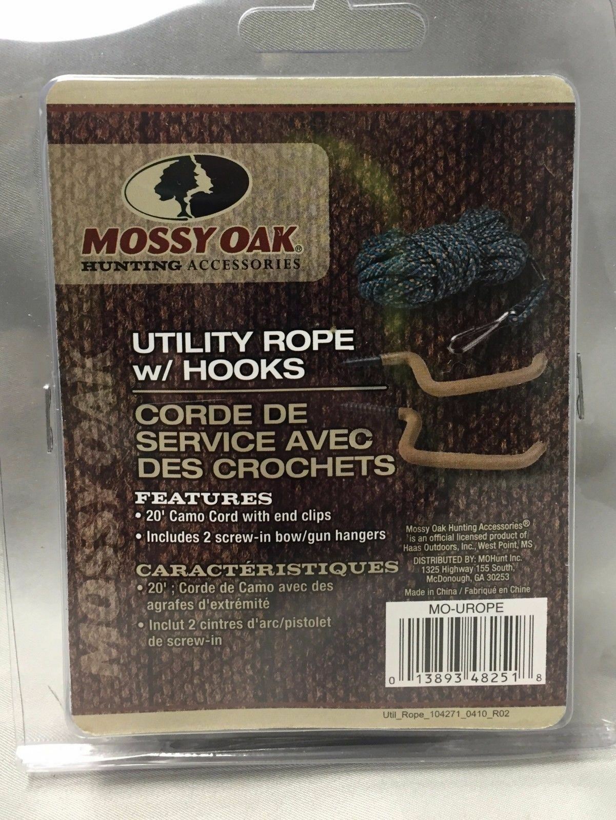 Mossy Oak Utility Rope 20' Camo Cord w/Clips & Screw-In Bow / Gun Hangers