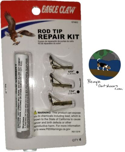 Eagle Claw Fishing Rod Tip Repair Kit w/6/64" 7/64" 8/64" Tips & Hot Glue Stick