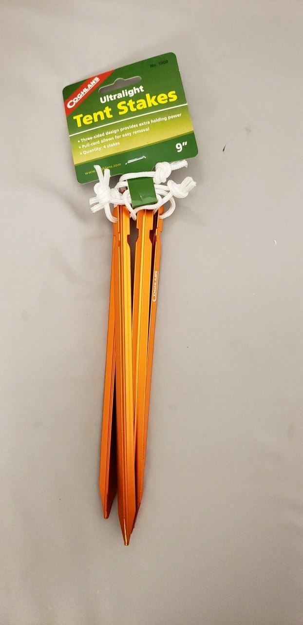 Coghlan's Aluminum Ultralight 9" Tent Stakes / Pegs w/Pull Cords 4-Pack Coghlans