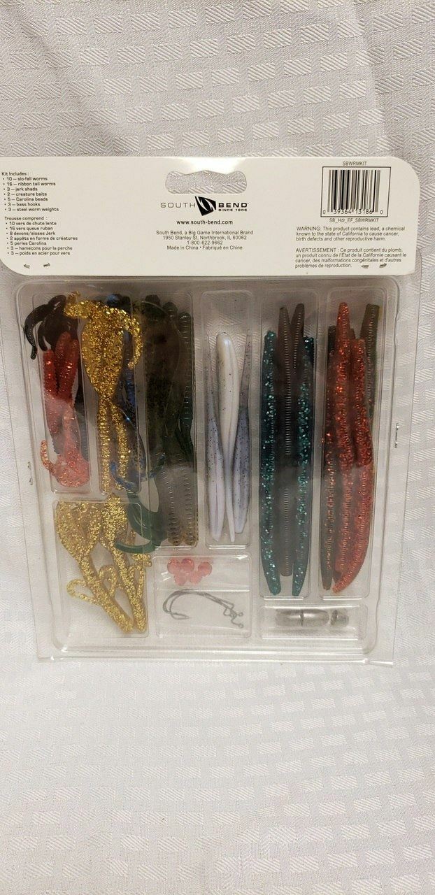 South Bend Fishing 42-Piece Bass Lure Kit w/Worms Shads Hooks Sinkers Beads