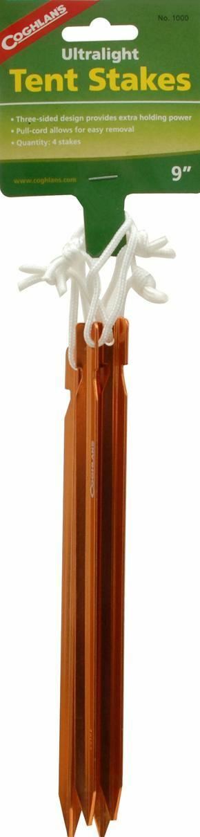Coghlan's Aluminum Ultralight 9" Tent Stakes / Pegs w/Pull Cords 4-Pack Coghlans