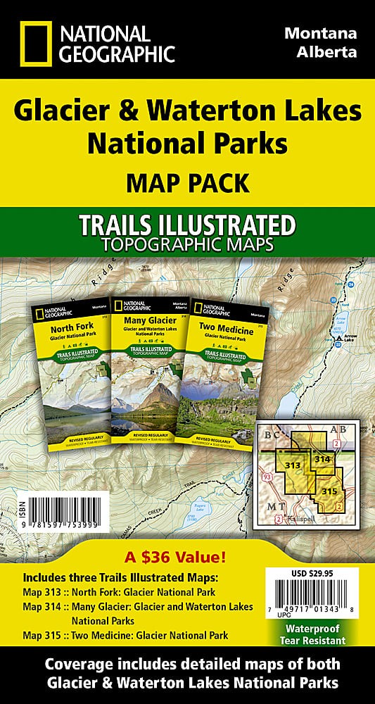 Glacier Waterton Lakes National Park MT Waterproof Map Bundle Hiking Camping