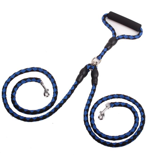 Double-ended dog traction rope by Tangled Trails Outdoor Gear for walking pets, showing durable design and comfortable handles.