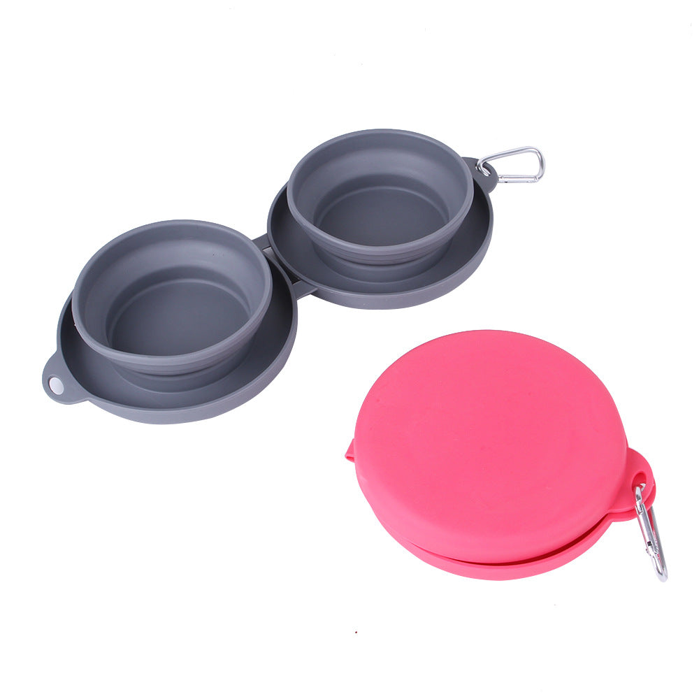 Tangled Trails Outdoor Gear rubber foldable double pet feeding bowl with two sections for food and water, portable and lightweight.