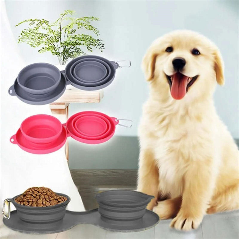 Tangled Trails Outdoor Gear rubber foldable double pet feeding bowl with black and orange color, portable and collapsible for pets.