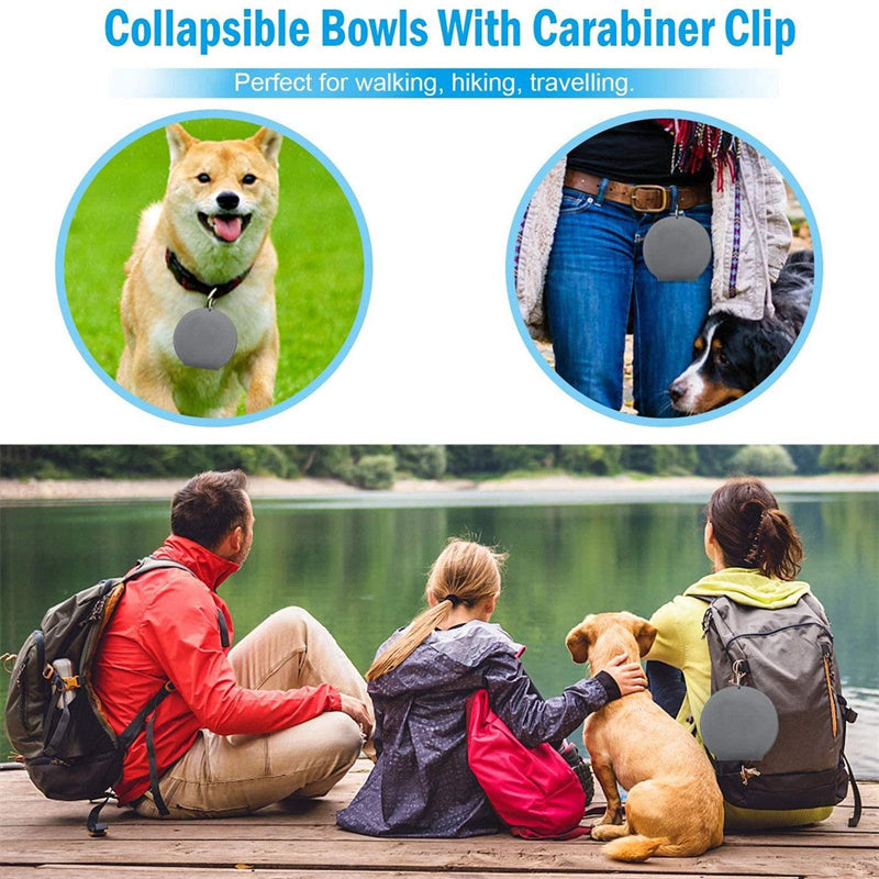 Foldable rubber double pet feeding bowl from Tangled Trails Outdoor Gear, with two bowls and a compact, portable design.