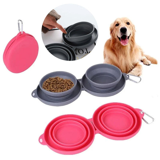 Tangled Trails Outdoor Gear rubber foldable double pet feeding bowl with two compartments, portable and lightweight for travel.