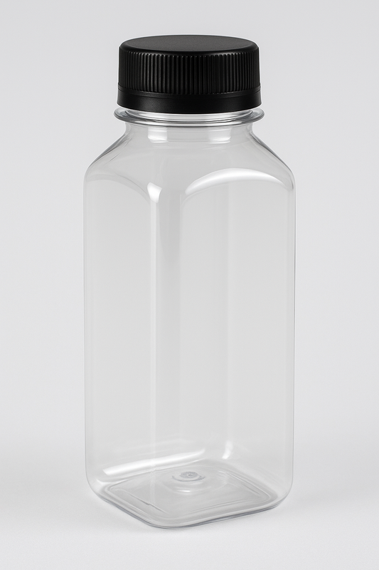 PET Square Beverage Bottle – 8 oz – Clear with Black Lid image 0