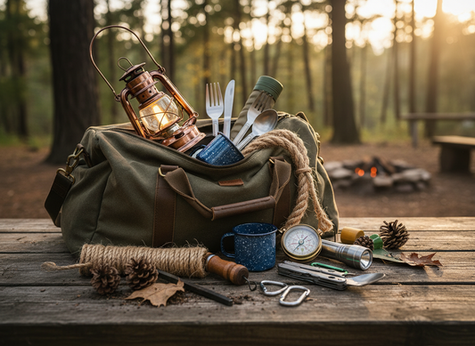 Tangled Trails Outdoor Gear camping mystery scoop bag with outdoor gear items visible inside, designed for outdoor adventure enthusiasts.