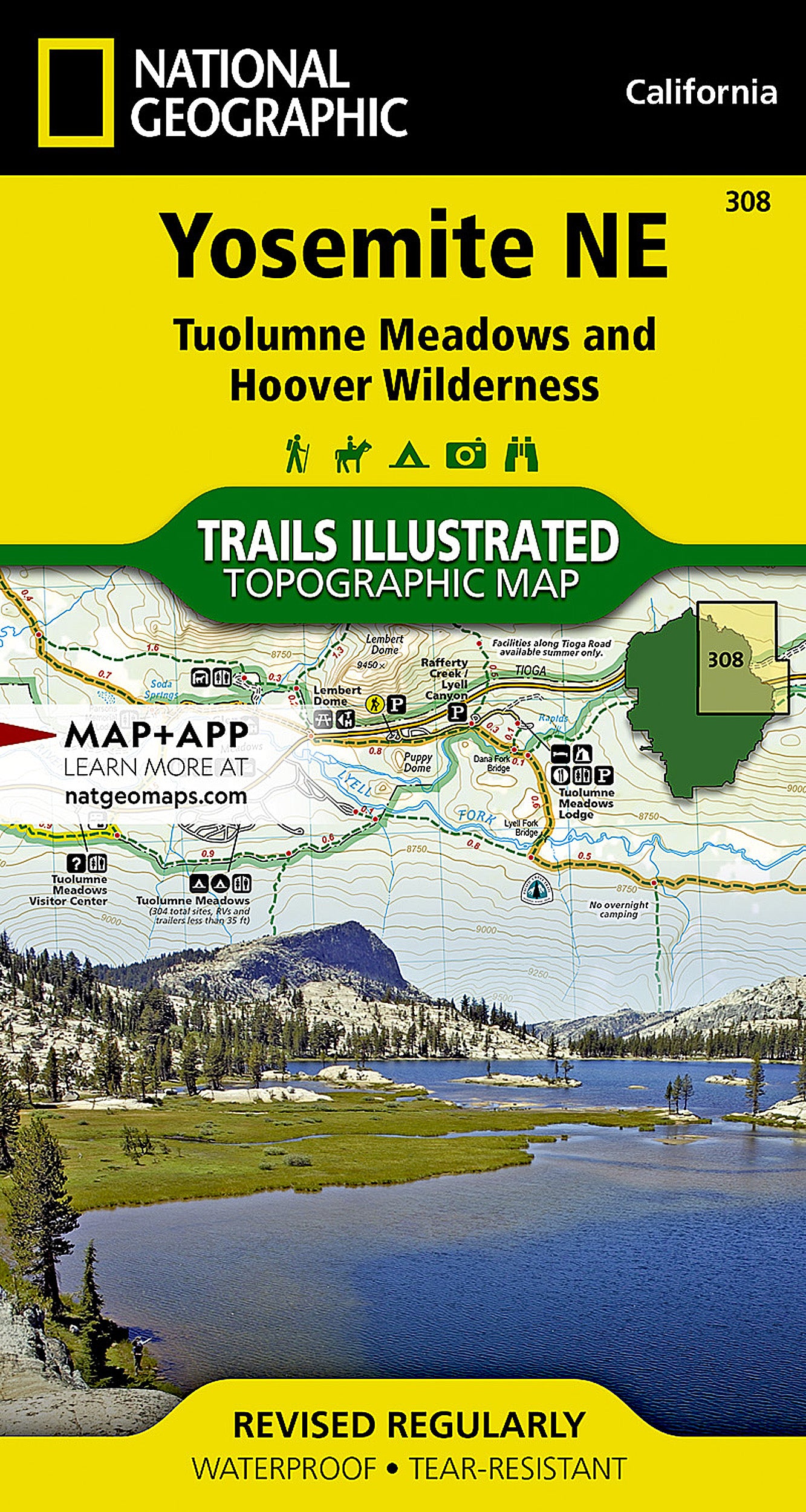 National Geographic Yosemite NE, Tuolumne & Hoover Wilderness map #308 showing detailed trail routes and wilderness areas.