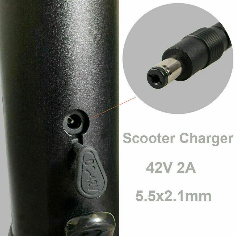 Tangled Trails Outdoor Gear 42V 2A battery charger for 36V Li-ion e-bike and scooter batteries, with plug connection.