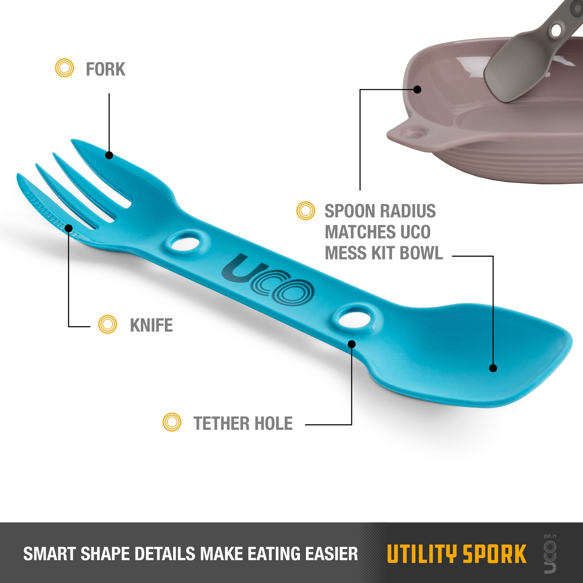 UCO Utility Spork Fork-Spoon-Knife Combo 7'' Utensil 2-Pack Gold / Rich Sky Blue image 5