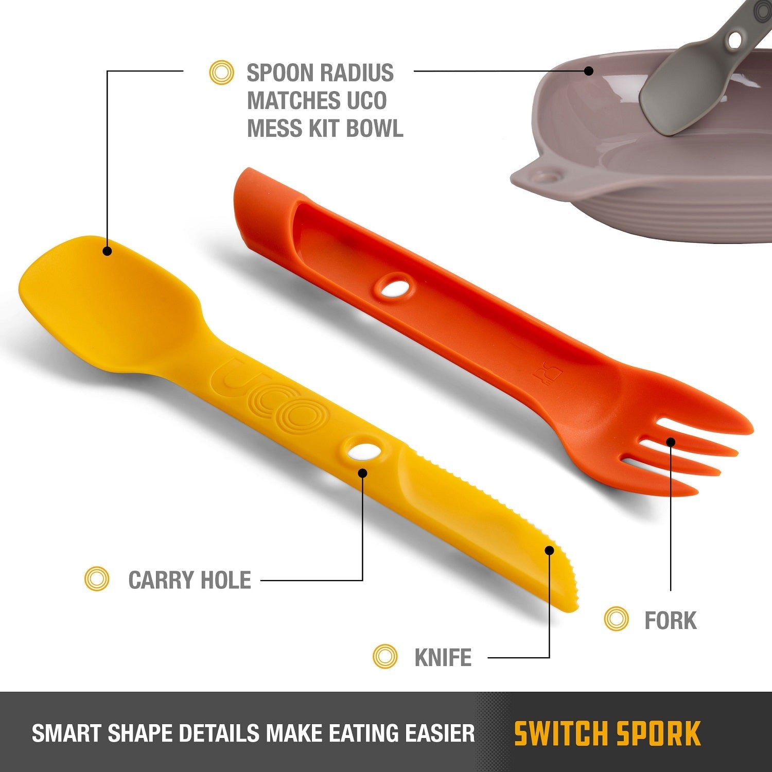 UCO Switch Spork 2-Piece Knife-Fork-Spoon Combo Utensil w/Tether - Retro Sunrise image 2