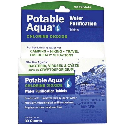 Potable Aqua Water Purification Tablets â€“ 30 Pack Camping Hiking Survival image 0