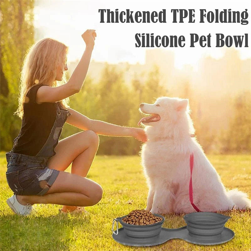 Tangled Trails Outdoor Gear rubber foldable double pet feeding bowl with two compartments for food and water, portable and lightweight.