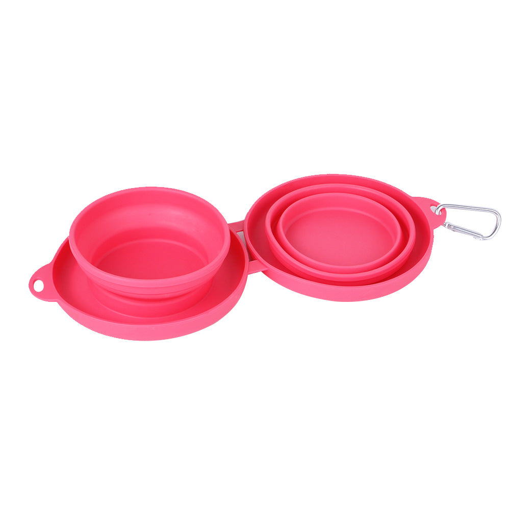 Foldable rubber pet feeding bowls by Tangled Trails Outdoor Gear, featuring double bowls for convenient pet hydration and food.