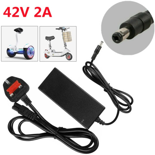 Tangled Trails Outdoor Gear 42V 2A battery charger for 36V Li-ion e-bike and scooter batteries, with plug and power cord.