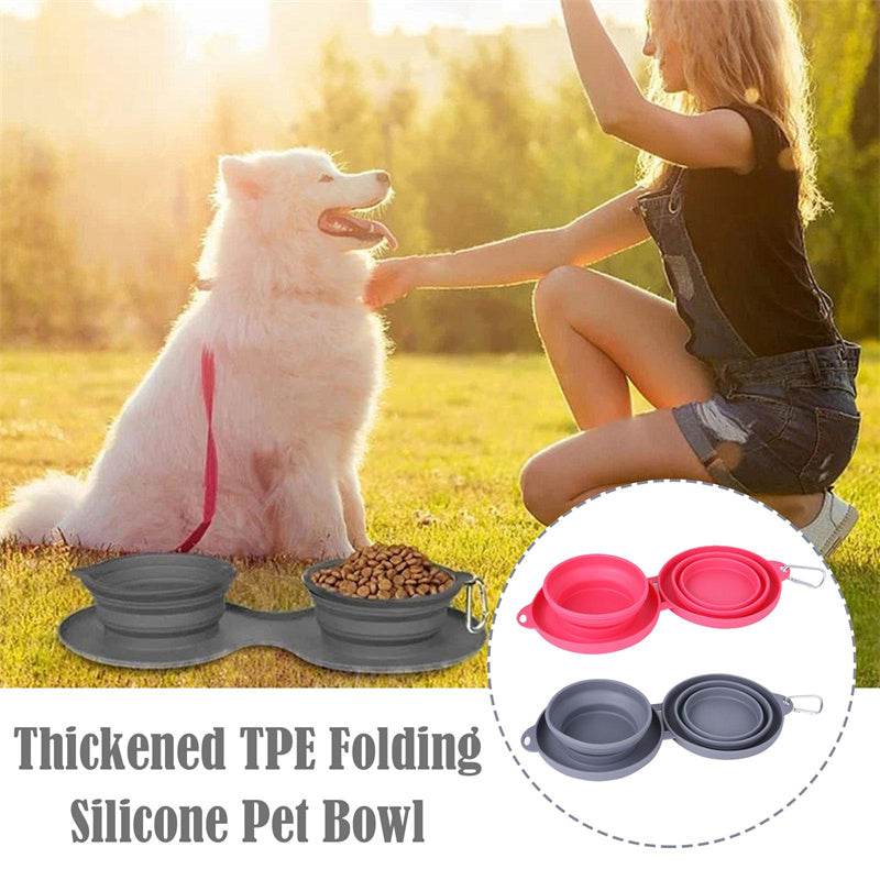 Foldable rubber pet feeding bowls by Tangled Trails Outdoor Gear, double bowls for convenient pet feeding and travel.