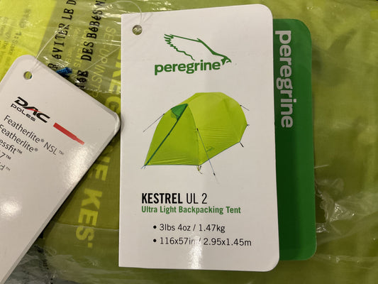 Peregrine Outfitters Kestrel UL 2 Tent set up outdoors, lightweight two-person camping tent with rainfly and mesh windows.